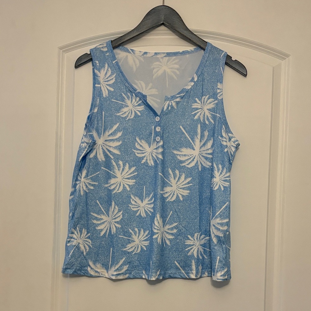 SHEIN Blue and White Palm Tank Top